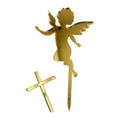 Топпер акриловый Ангел с крестиком на палочке Золото 7х8 см ТСК176